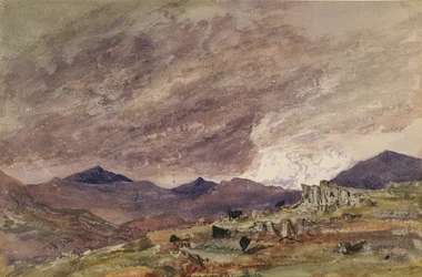 Górzysty krajobraz z burzliwym niebem